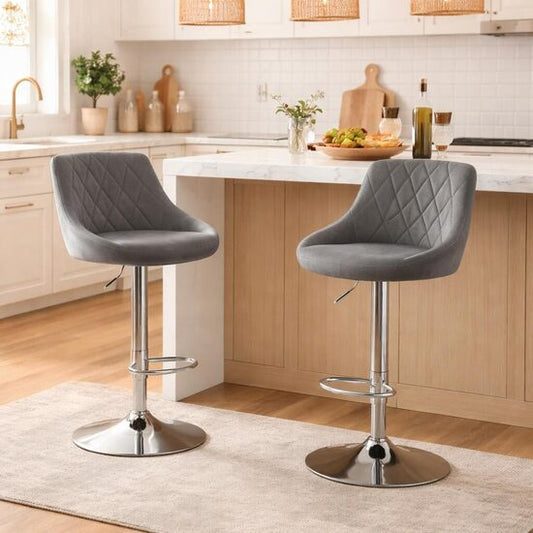 Set 2 scaune de bucatarie/bar, Artool, Kast, rotativ, catifea gri, picior metal argintiu, 45.5x49x85-105 cm