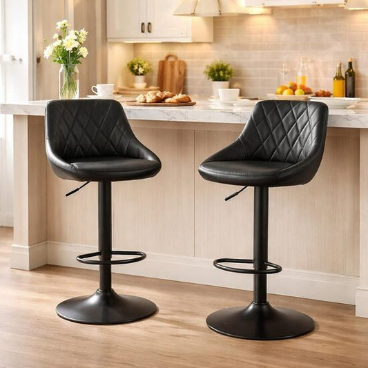 Set 2 scaune de bucatarie/bar, Kast, rotativ, piele ecologica neagra, picior metal negru, 45.5x48.5x85-105 cm