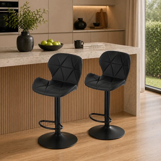 Set 2 scaune de bucatarie/bar, Artool, West, rotativ, piele ecologica neagra, picior metal negru, 46x48.5x90-111 cm