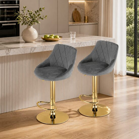 Set 2 scaune de bucatarie/bar, Kast, rotativ, catifea gri, picior metal auriu, 45.5x49x85-105 cm