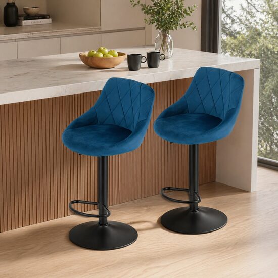 Set 2 scaune de bucatarie/bar, Artool, Kast, rotativ, catifea bleumarin, picior metal negru, 45.5x49x85-105 cm