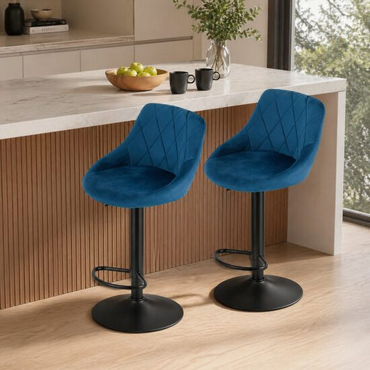 Set 2 scaune de bucatarie/bar, Artool, Kast, rotativ, catifea bleumarin, picior metal negru, 45.5x49x85-105 cm