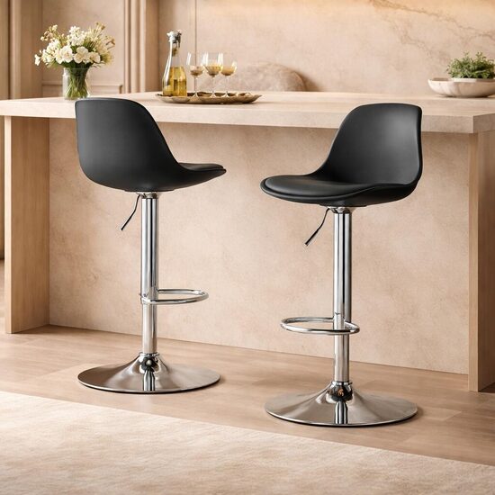 Set 2 scaune de bucatarie/bar, Artool, Hoga, rotativ, PP negru, picior metal argintiu, 38x40x81-102 cm