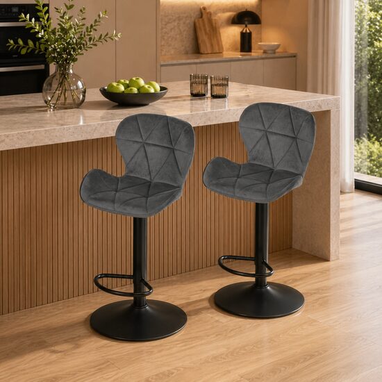 Set 2 scaune de bucatarie/bar, Artool, West, rotativ, catifea gri, picior metal negru, 46x48.5x90-111 cm