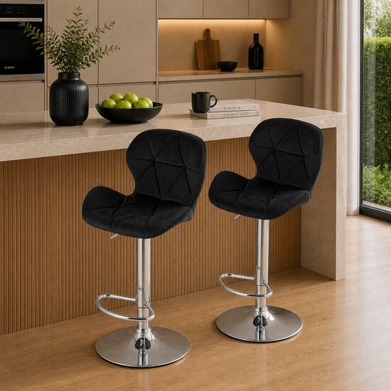 Set 2 scaune de bucatarie/bar, Artool, West, rotativ, catifea neagra, picior metal argintiu, 46x48.5x90-111 cm