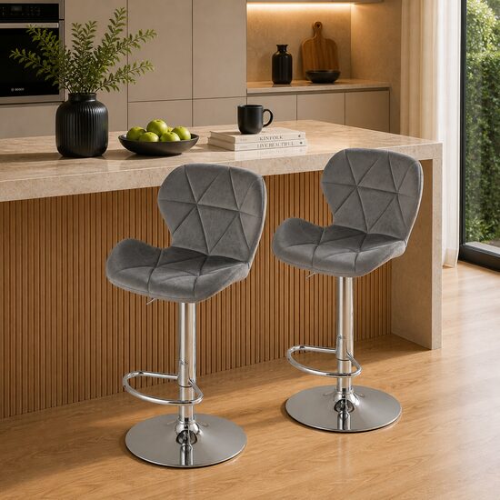 Set 2 scaune de bucatarie/bar, Artool, West, rotativ, catifea gri, picior metal argintiu, 46x48.5x90-111 cm