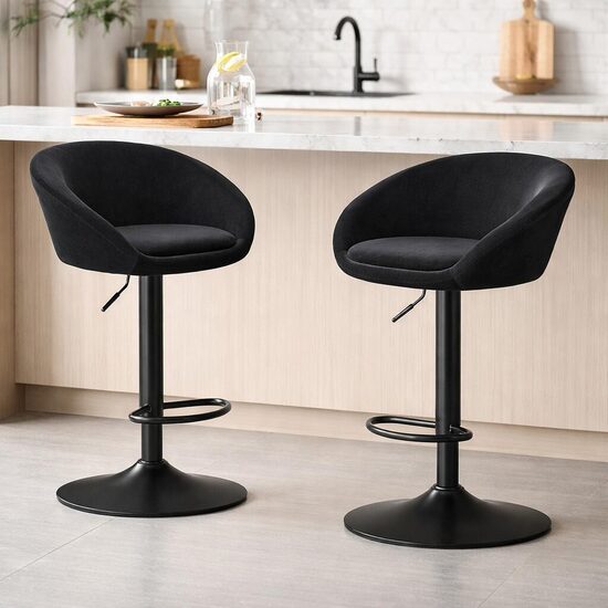 Set 2 scaune de bucatarie/bar, Artool, East, rotativ, catifea neagra, picior metal negru, 53x46x81-103 cm