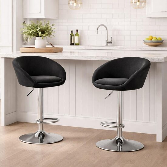 Set 2 scaune de bucatarie/bar, Artool, East, rotativ, catifea neagra, picior metal argintiu, 53x46x81-103 cm