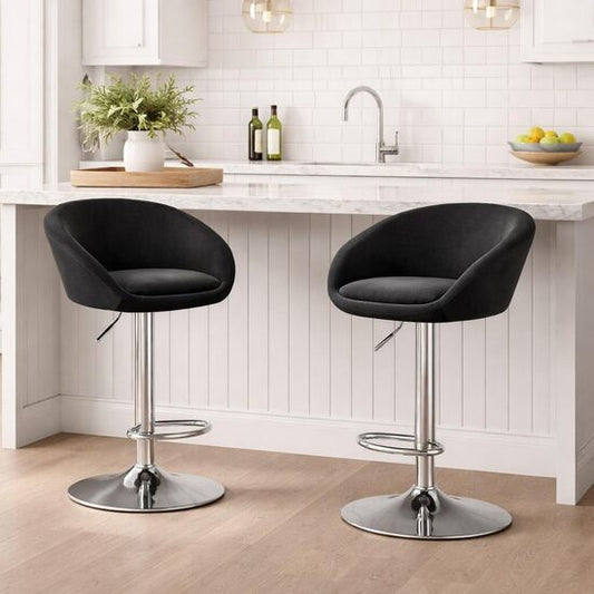 Set 2 scaune de bucatarie/bar, Artool, East, rotativ, catifea neagra, picior metal argintiu, 53x46x81-103 cm