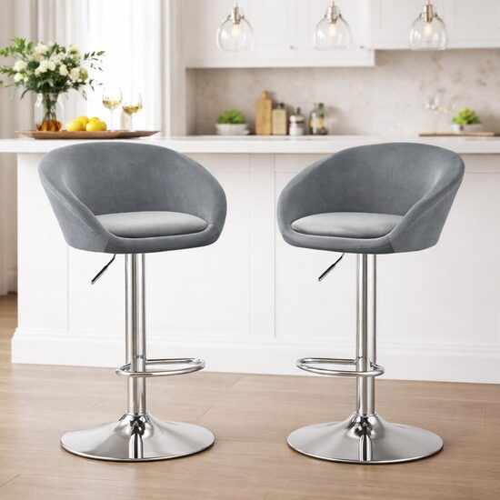 Set 2 scaune de bucatarie/bar, Artool, East, rotativ, catifea gri, picior metal argintiu, 53x46x81-103 cm