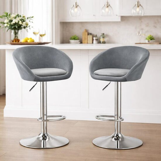 Set 2 scaune de bucatarie/bar, East, rotativ, catifea gri, picior metal argintiu, 53x46x81-103 cm