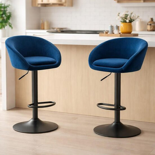 Set 2 scaune de bucatarie/bar, Artool, East, rotativ, catifea bleumarin, picior metal negru, 53x46x81-103 cm
