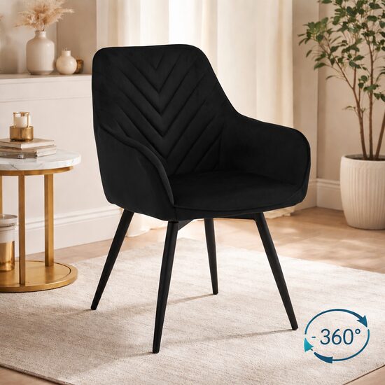 Scaun stil fotoliu bucatarie/living, Artool, Nana, rotativ, catifea neagra, picioare metal negru, 56x61x83.5 cm