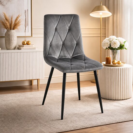 Scaun bucatarie/living, Artool, Libra, catifea gri inchis, picioare metal negru, 45x54x86.5 cm