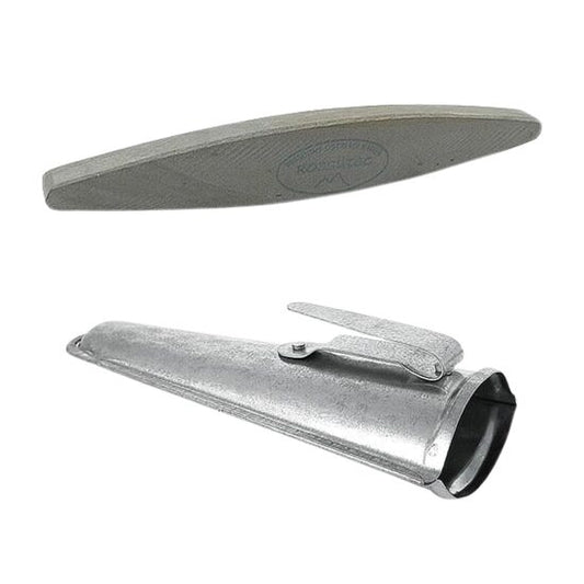 Piatra naturala ascutit coasa Rozsutec, 220 mm, gresie ovala sedimentara pentru ascutire manuala pe camp, structura fina, teaca zincata, Strend Pro