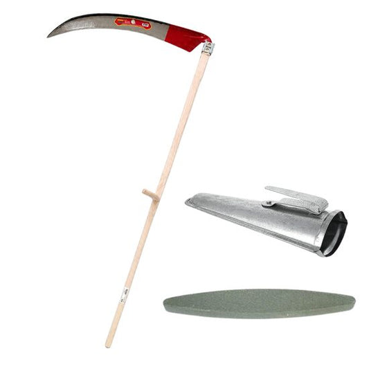 Coasa cu coada de lemn, 700 mm, pentru cosit fan si iarba, lama forjata batuta, piatra ascutit, teaca zincata, Strend Pro