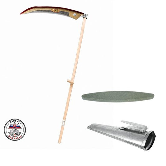 Coasa cu coada lemn, forjata premium, 700 mm, cosit fan si iarba pe suprafete mari, otel austriac batut de inalta calitate, piatra ascutit, teaca zincata, Styria