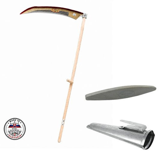 Coasa cu coada lemn, forjata premium, 700 mm, cosit fan si iarba pe suprafete mari, otel austriac batut de inalta calitate, piatra naturala ascutit, teaca zincata, Styria