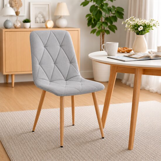 Scaun bucatarie/living, Artool, Libra, textil gri deschis, picioare metal natur, 44.5x54.5x87 cm