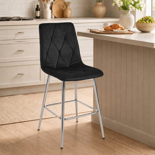 Scaun de bucatarie/bar, Libra, catifea neagra, picioare metal argintiu, 52x56x112 cm