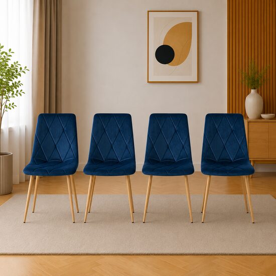 Set 4 scaune bucatarie/living, Artool, Libra, catifea bleumarin, picioare metal natur, 45x54x86.5 cm