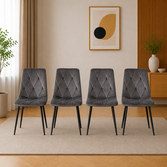 Set 4 scaune bucatarie/living, Artool, Libra, catifea gri inchis, picioare metal negru, 45x54x86.5 cm