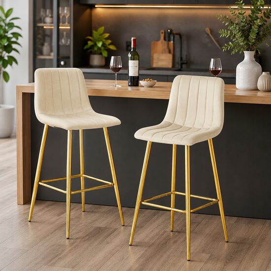 Set 2 scaune de bucatarie/bar, Artool, Pozza, catifea bej deschis, picioare metal auriu, 43x49x102 cm