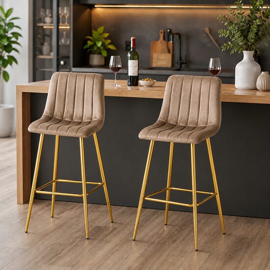 Set 2 scaune de bucatarie/bar, Artool, Pozza, catifea maro, picioare metal auriu, 43x49x102 cm