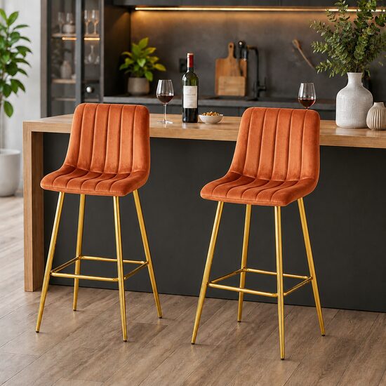 Set 2 scaune de bucatarie/bar, Artool, Pozza, catifea portocaliu cupru, picioare metal auriu, 43x49x102 cm