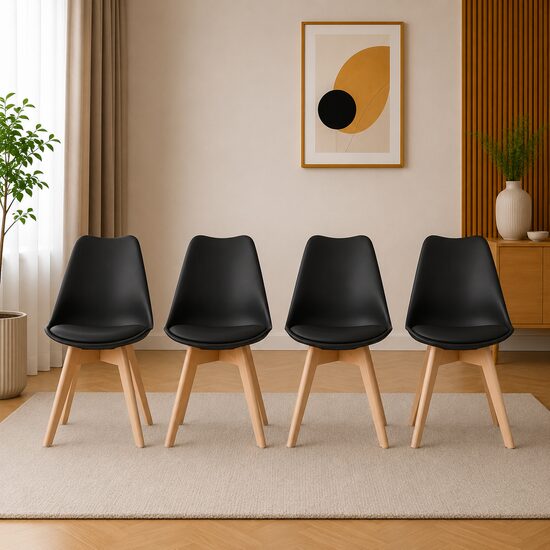 Set 4 scaune bucatarie/living, Artool, Mark, PP negru, picioare lemn natur, 49x43x82 cm