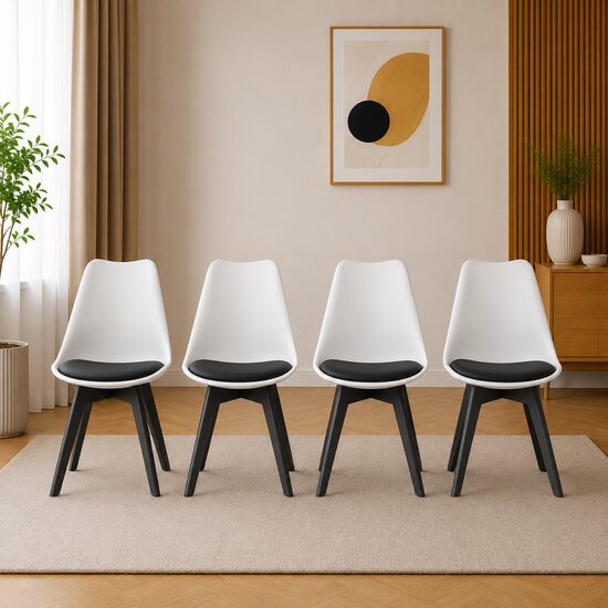 Set 4 scaune bucatarie/living, Artool, Mark, PP alb, picioare negre, perna piele ecologica neagra, 49x43x82 cm