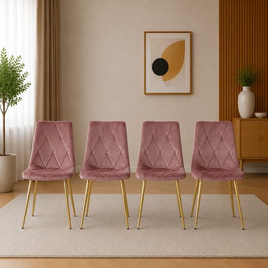Set 4 scaune bucatarie/living, Artool, Libra, catifea roz, picioare metal auriu, 45x54x86.5 cm