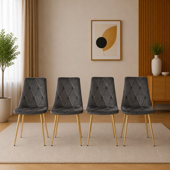 Set 4 scaune bucatarie/living, Artool, Libra, catifea gri inchis, picioare metal auriu, 45x54x86.5 cm