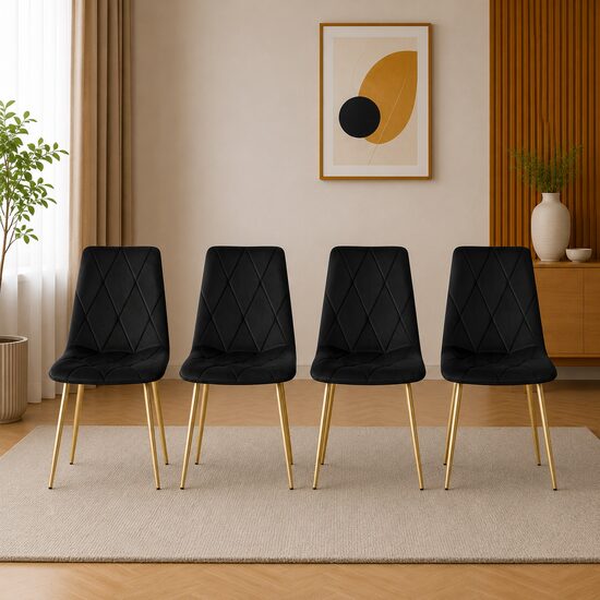 Set 4 scaune bucatarie/living, Artool, Libra, catifea neagra, picioare metal auriu, 45x54x86.5 cm