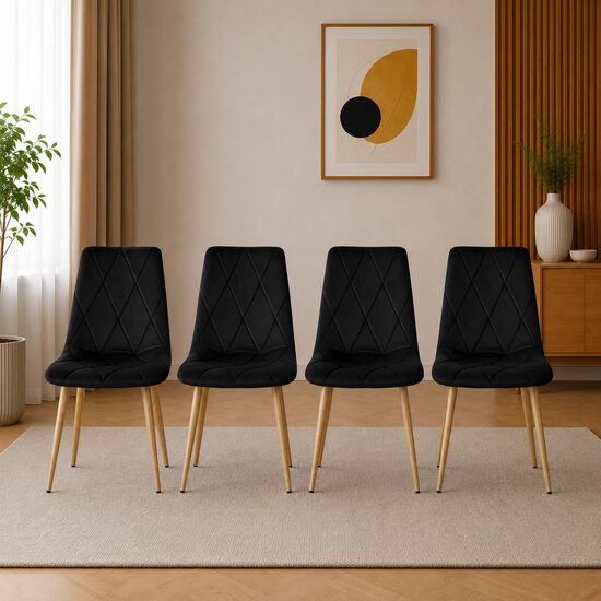 Set 4 scaune bucatarie/living, Artool, Libra, catifea neagra, picioare metal natur, 45x54x86.5 cm