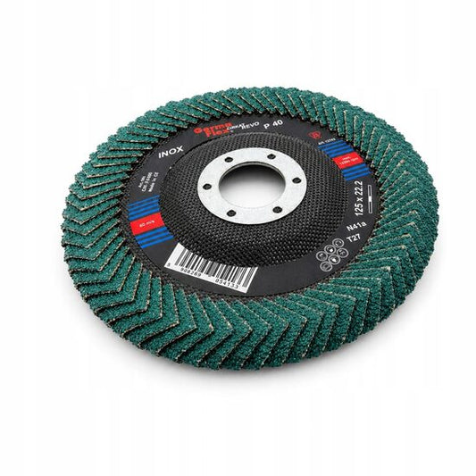 Disc lamelar cu lamele rotunjite peste margine pentru slefuirea sudurilor de colt si a zonelor greu accesibile, 125 mm, granulatie P40, inox, Germaflex