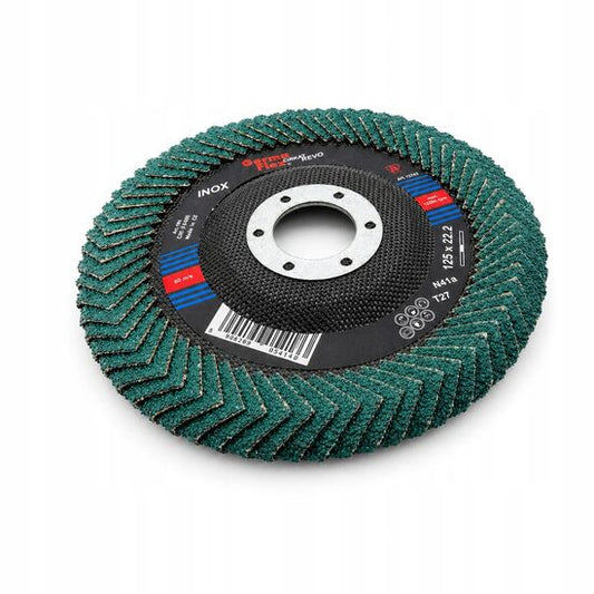 Disc lamelar cu lamele rotunjite peste margine pentru slefuirea sudurilor de colt si a zonelor greu accesibile, 125 mm, granulatie P60, inox, Germaflex