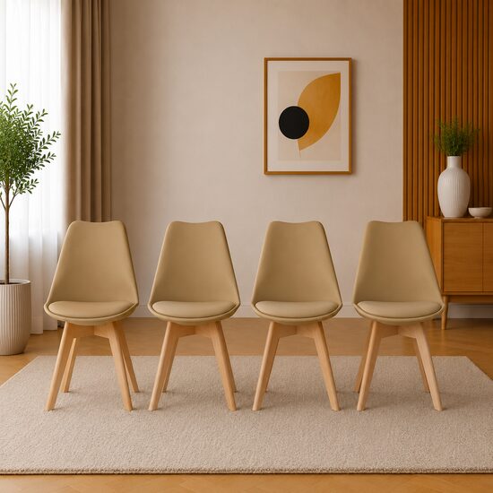 Set 4 scaune bucatarie/living, Artool, Mark, PP bej, picioare lemn natur, 49x52x82 cm