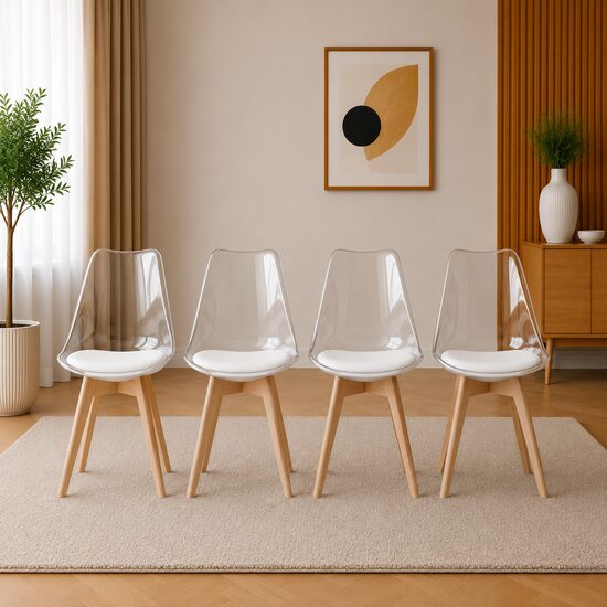 Set 4 scaune bucatarie/living, Artool, Mark, PP transparent, picioare lemn natur, 49x42x82.5 cm