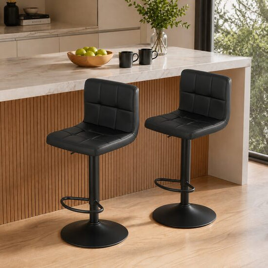 Set 2 scaune de bucatarie/bar, Prot, rotativ, piele ecologica neagra, picior metal negru, 41x44.5x87.5-108 cm