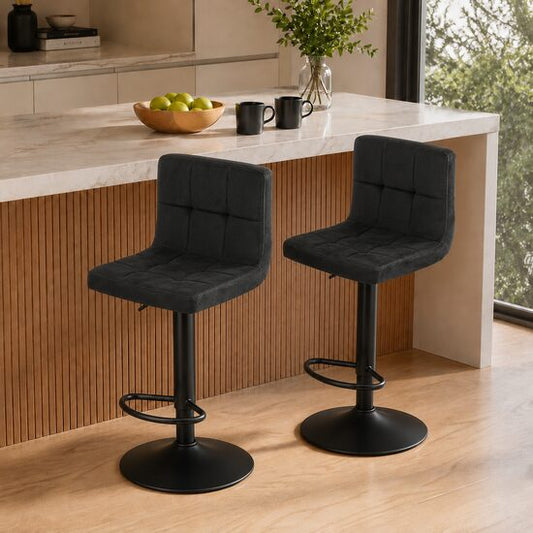 Set 2 scaune de bucatarie/bar, Artool, Prot, rotativ, catifea neagra, picior metal negru, 41x44x87.5-108 cm