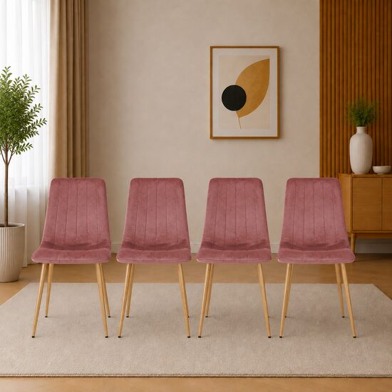 Set 4 scaune bucatarie/living, Artool, Lava, catifea roz, picioare metal natur, 43x51x90 cm