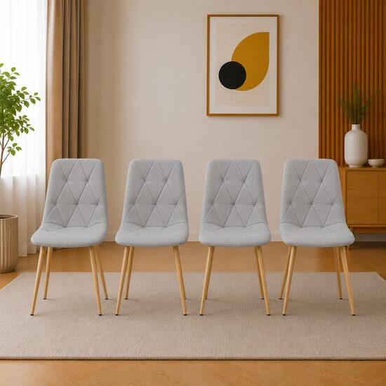 Set 4 scaune bucatarie/living, Artool, Libra, textil gri deschis, picioare metal natur, 44.5x54.5x87 cm