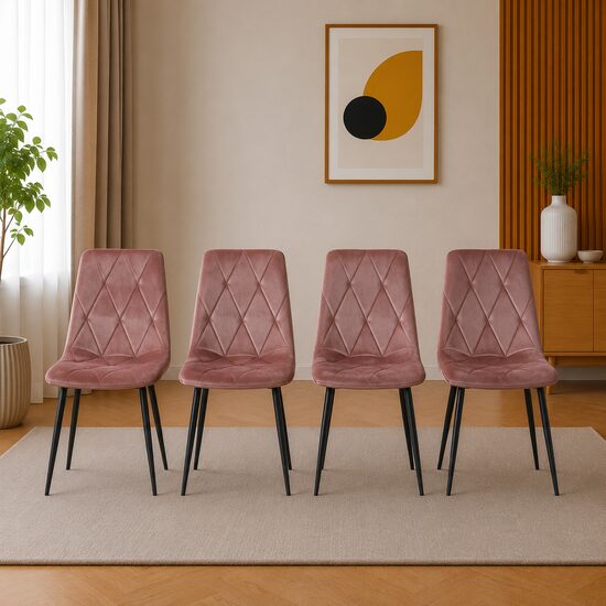 Set 4 scaune bucatarie/living, Artool, Libra, catifea roz inchis, picioare metal negru, 44x54.5x88.5 cm