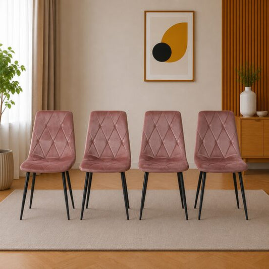 Set 4 scaune bucatarie/living, Artool, Libra, catifea roz inchis, picioare metal negru, 44x54.5x88.5 cm