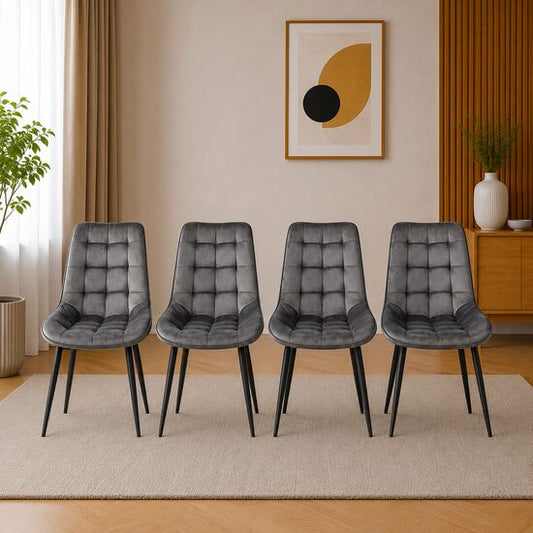 Set 4 scaune bucatarie/living, Artool, Bera, catifea gri, picioare metal negru, 54x60x88 cm