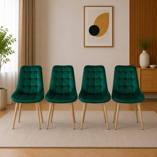 Set 4 scaune bucatarie/living, Artool, Bera, catifea verde, picioare metal natur, 54x60x88 cm