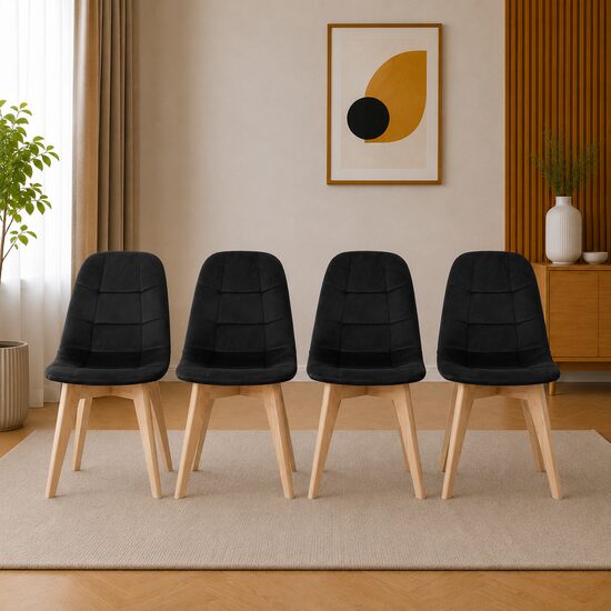 Set 4 scaune bucatarie/living, Artool, Bora, catifea neagra, picioare lemn natur, 44.5x54x81.5 cm