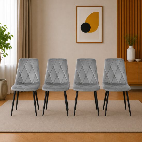 Set 4 scaune bucatarie/living, Artool, Libra, catifea gri, picioare metal negru, 44x40x88.5 cm