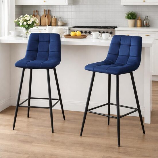 Set 2 scaune de bucatarie/bar, Artool, Arceto, catifea albastra, picioare metal negru, 43.5x32.5x104 cm